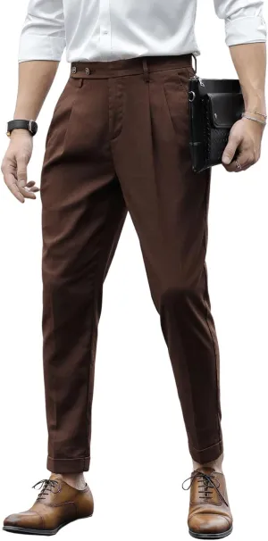 SweatyRocks Men's High Waist Fold Pleated Crop Suit Pants Work Office Business Long Trousers with Pockets