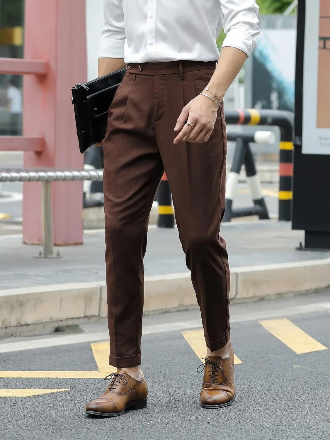 SweatyRocks Men's High Waist Fold Pleated Crop Suit Pants Work Office Business Long Trousers with Pockets