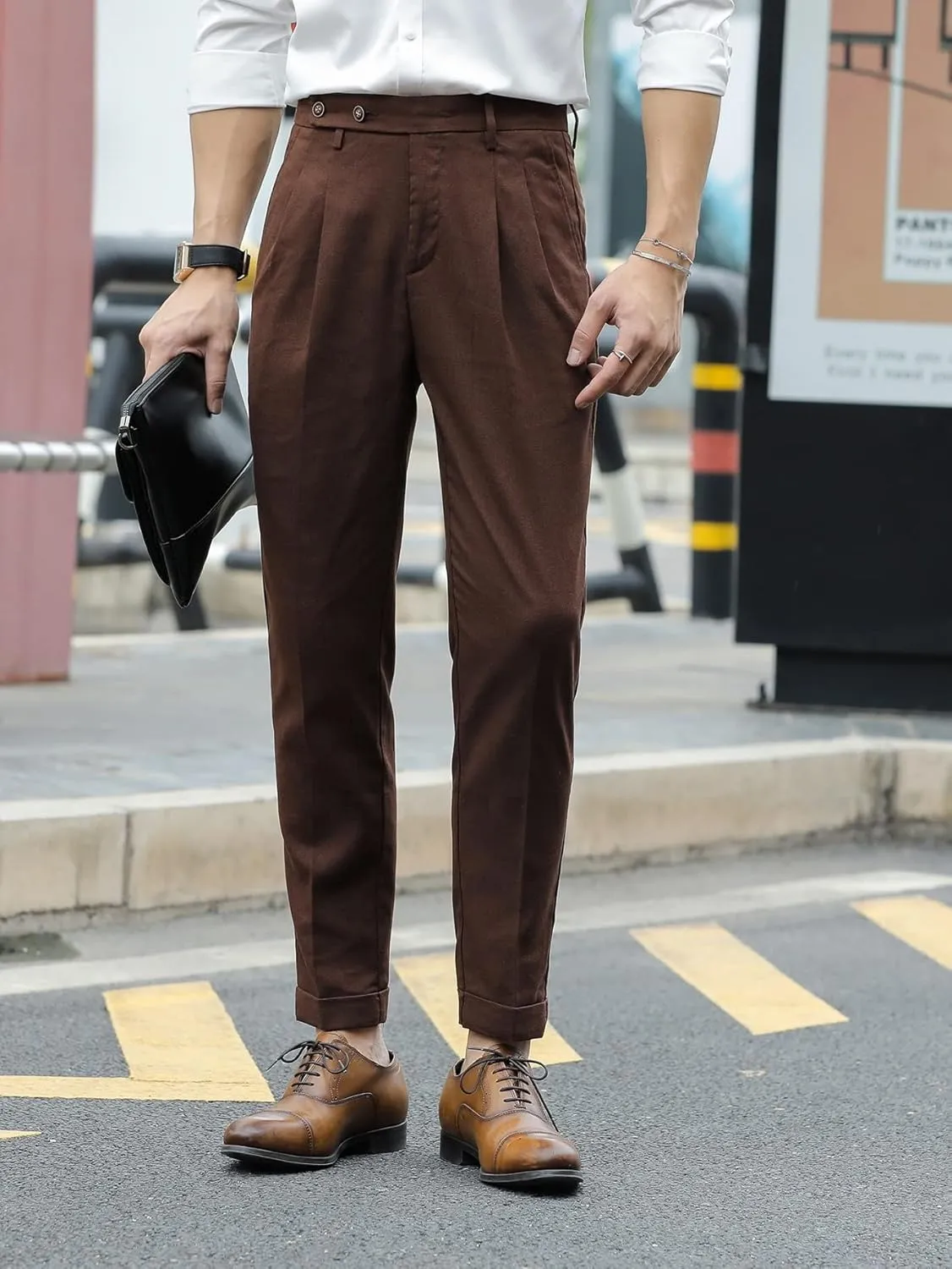 SweatyRocks Men's High Waist Fold Pleated Crop Suit Pants Work Office Business Long Trousers with Pockets