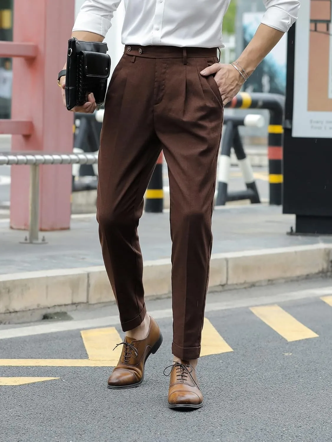 SweatyRocks Men's High Waist Fold Pleated Crop Suit Pants Work Office Business Long Trousers with Pockets