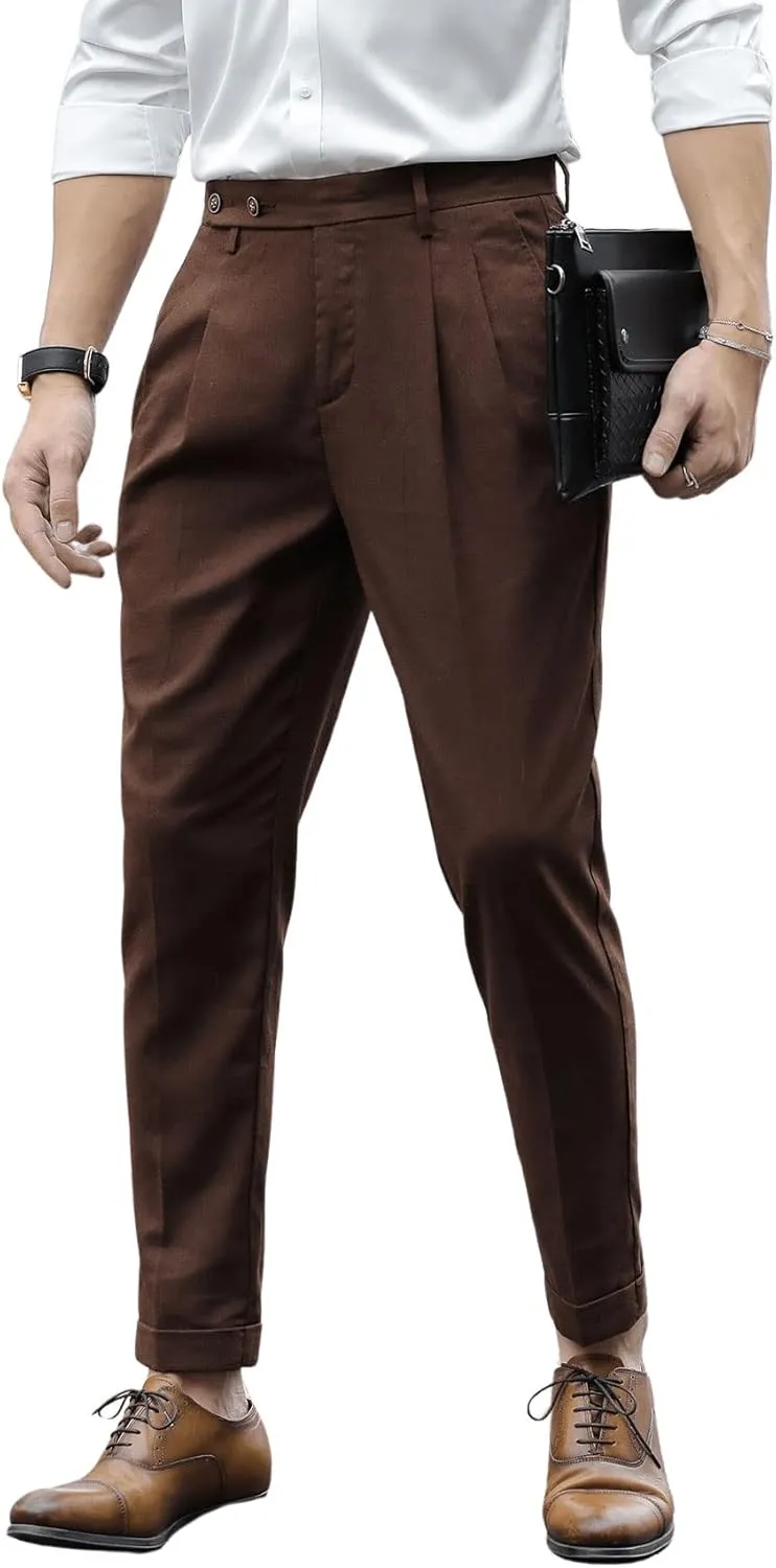 SweatyRocks Men's High Waist Fold Pleated Crop Suit Pants Work Office Business Long Trousers with Pockets