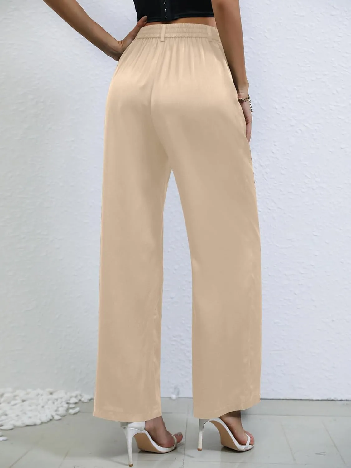 SweatyRocks Women's High Waist Satin Wide Leg Pants Casual Work Office Faux Silk Long Trousers with Pockets