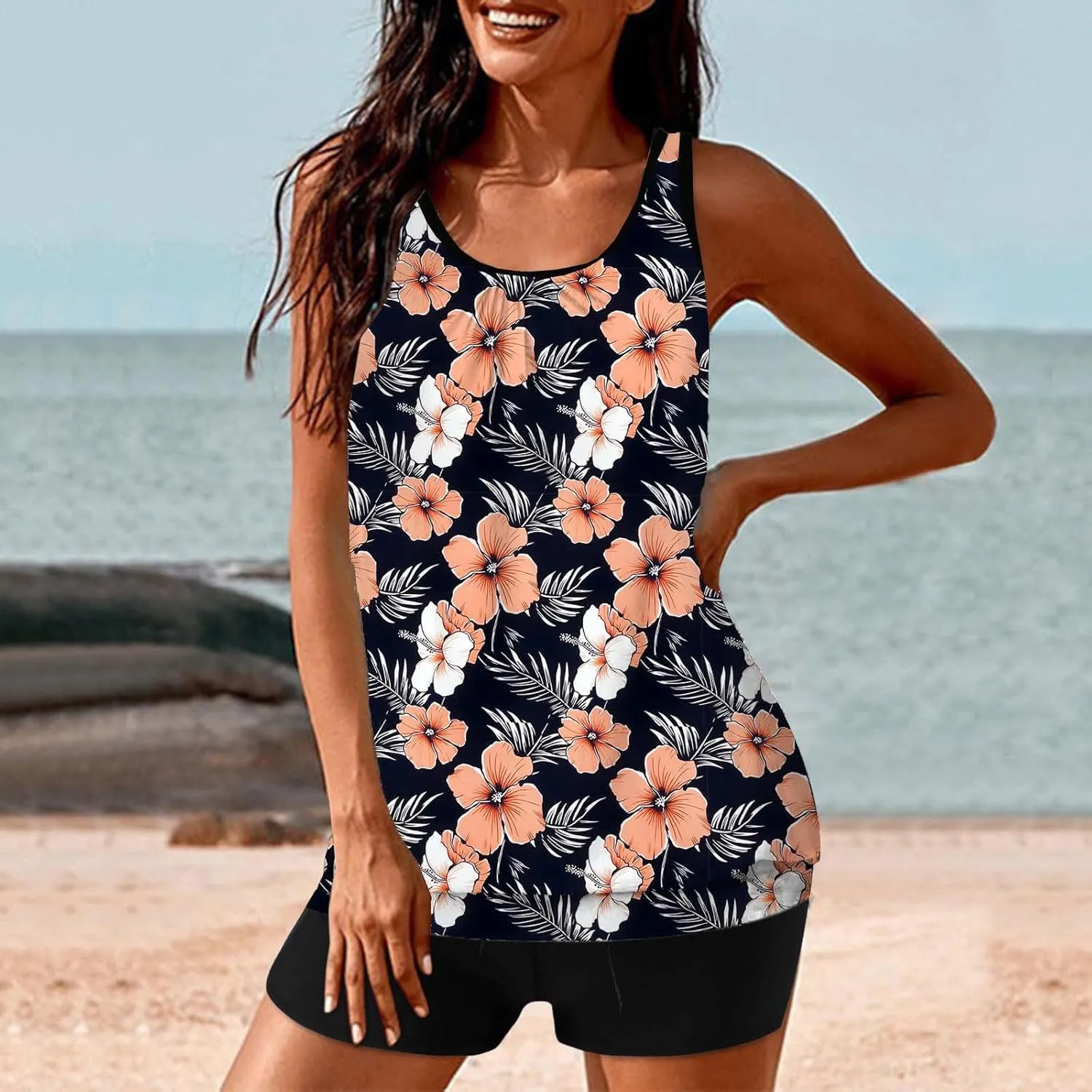 Swim Suits for Women 2025 Two Piece Blouson Tankini Swimsuit Swim Tankini Tank Top with Boyshorts Modest Bathing Suit