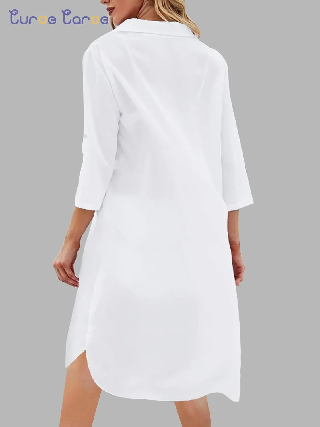 Swimsuit Coverup for Women V Neck Shirt Dress Bathing Suit Beach Cover Up 3/4 Sleeve Chiffon Cover Up S-XXL