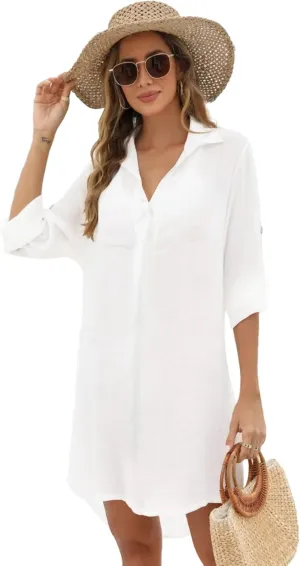 Swimsuit Coverup for Women V Neck Shirt Dress Bathing Suit Beach Cover Up 3/4 Sleeve Chiffon Cover Up S-XXL