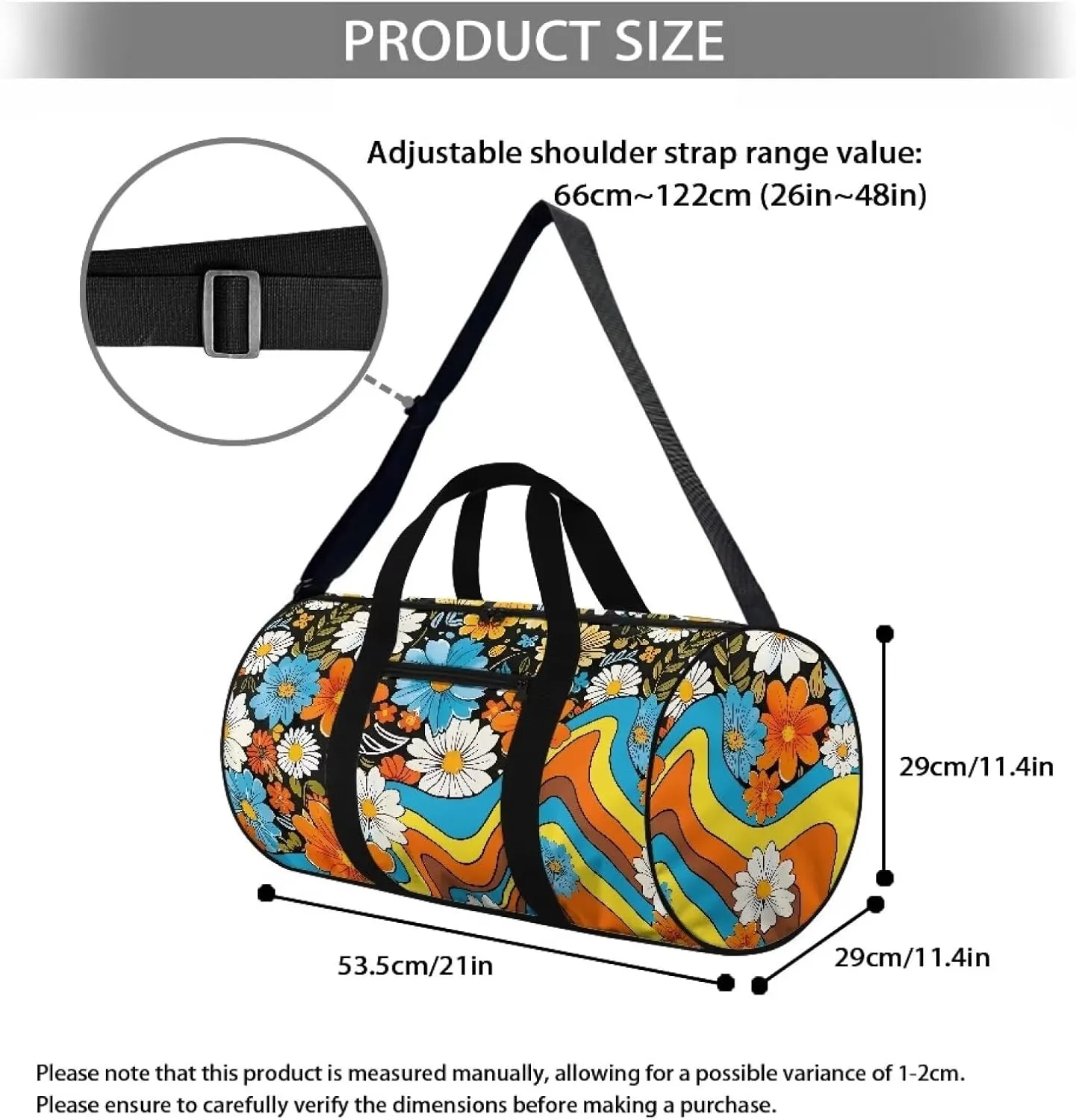 Talayituse 90s Daisy Print Gym Bag for Women Groovy Hippie Design Collapsible Travel Duffel Bag Waterproof Workout Duffel Bag with Front Zipper Pocket Sports Gym Tote Bag with Shoulder Strap
