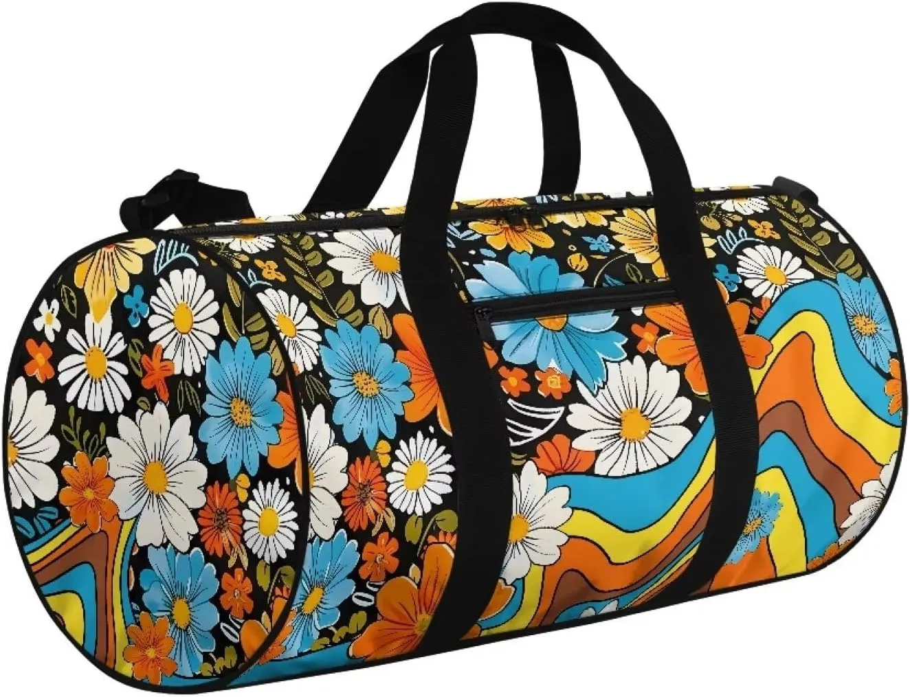 Talayituse 90s Daisy Print Gym Bag for Women Groovy Hippie Design Collapsible Travel Duffel Bag Waterproof Workout Duffel Bag with Front Zipper Pocket Sports Gym Tote Bag with Shoulder Strap