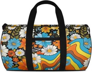 Talayituse 90s Daisy Print Gym Bag for Women Groovy Hippie Design Collapsible Travel Duffel Bag Waterproof Workout Duffel Bag with Front Zipper Pocket Sports Gym Tote Bag with Shoulder Strap