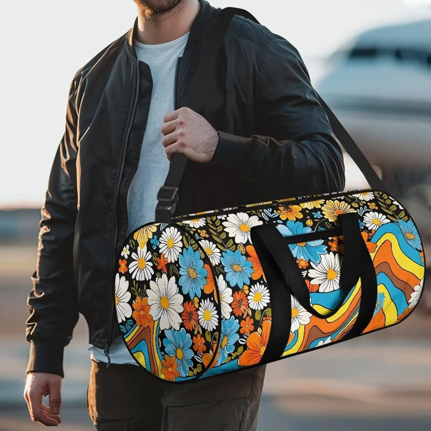 Talayituse 90s Daisy Print Gym Bag for Women Groovy Hippie Design Collapsible Travel Duffel Bag Waterproof Workout Duffel Bag with Front Zipper Pocket Sports Gym Tote Bag with Shoulder Strap