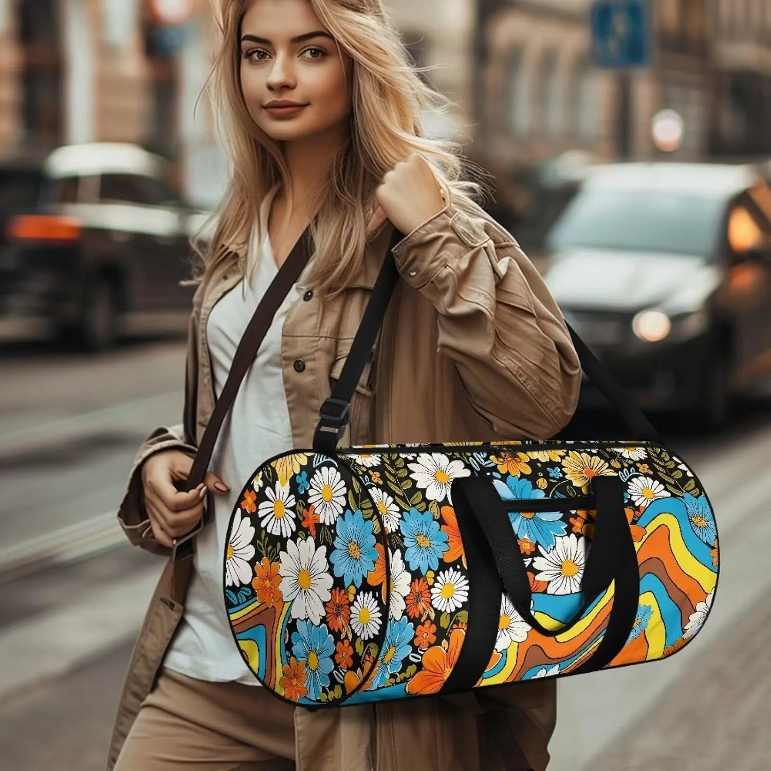 Talayituse 90s Daisy Print Gym Bag for Women Groovy Hippie Design Collapsible Travel Duffel Bag Waterproof Workout Duffel Bag with Front Zipper Pocket Sports Gym Tote Bag with Shoulder Strap