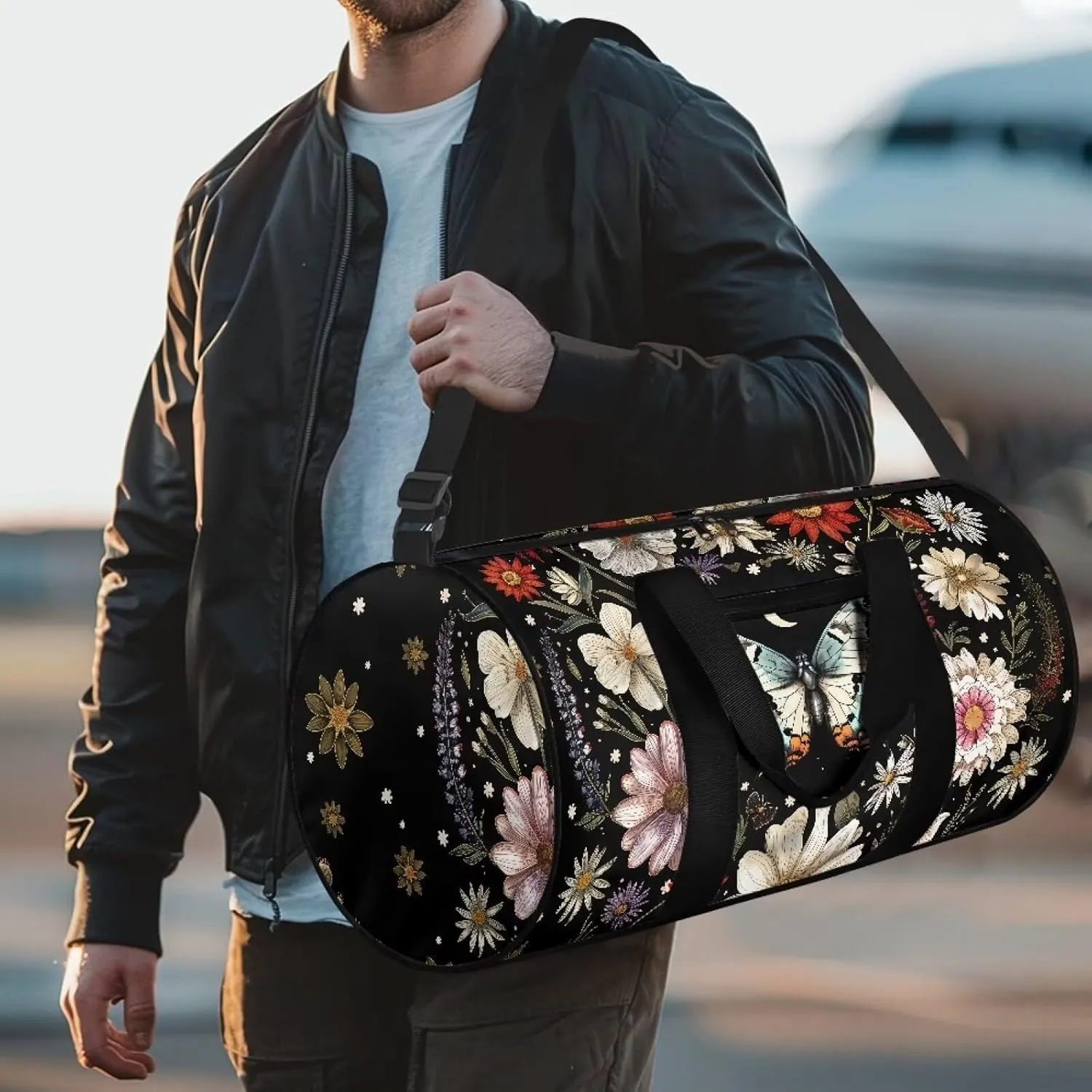 Talayituse Butterfly Daisy Print Duffel Bag for Women Flower Leaf Pattern Sturdy Gym Duffel Bag with Handle Zipper Overnight Weekender Bag Tear Resistant Workout Bag Lightweight Sports Tote Bag