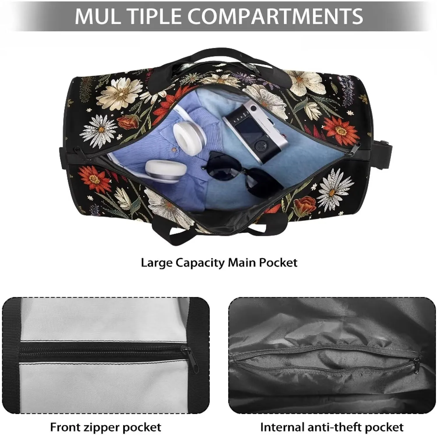 Talayituse Butterfly Daisy Print Duffel Bag for Women Flower Leaf Pattern Sturdy Gym Duffel Bag with Handle Zipper Overnight Weekender Bag Tear Resistant Workout Bag Lightweight Sports Tote Bag