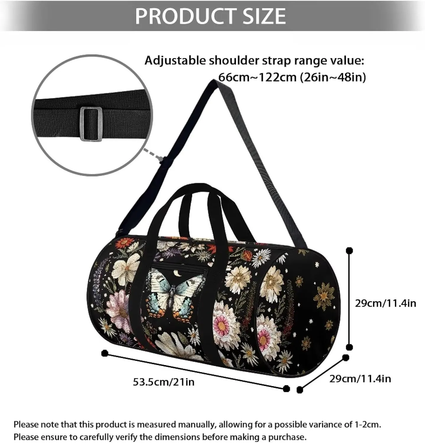 Talayituse Butterfly Daisy Print Duffel Bag for Women Flower Leaf Pattern Sturdy Gym Duffel Bag with Handle Zipper Overnight Weekender Bag Tear Resistant Workout Bag Lightweight Sports Tote Bag