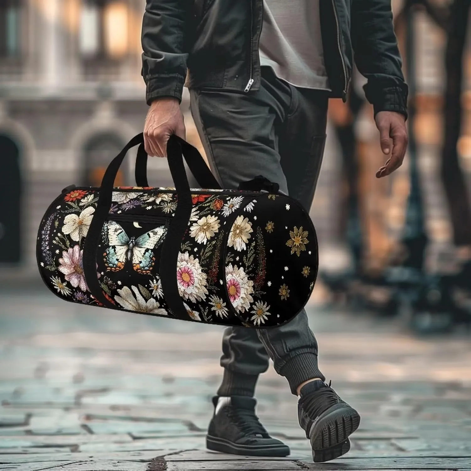 Talayituse Butterfly Daisy Print Duffel Bag for Women Flower Leaf Pattern Sturdy Gym Duffel Bag with Handle Zipper Overnight Weekender Bag Tear Resistant Workout Bag Lightweight Sports Tote Bag