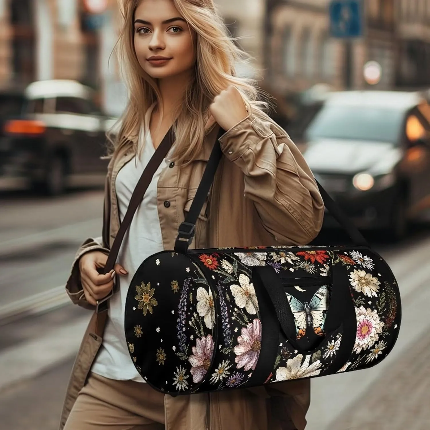 Talayituse Butterfly Daisy Print Duffel Bag for Women Flower Leaf Pattern Sturdy Gym Duffel Bag with Handle Zipper Overnight Weekender Bag Tear Resistant Workout Bag Lightweight Sports Tote Bag