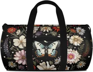 Talayituse Butterfly Daisy Print Duffel Bag for Women Flower Leaf Pattern Sturdy Gym Duffel Bag with Handle Zipper Overnight Weekender Bag Tear Resistant Workout Bag Lightweight Sports Tote Bag