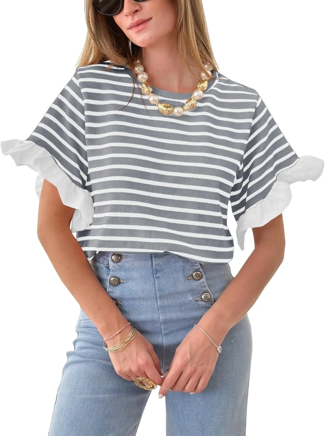 Tankaneo Women Striped Tops Ruffle Sleeve Casual Basic T Shirts Crewneck Short Sleeve Shirt Summer Outfits