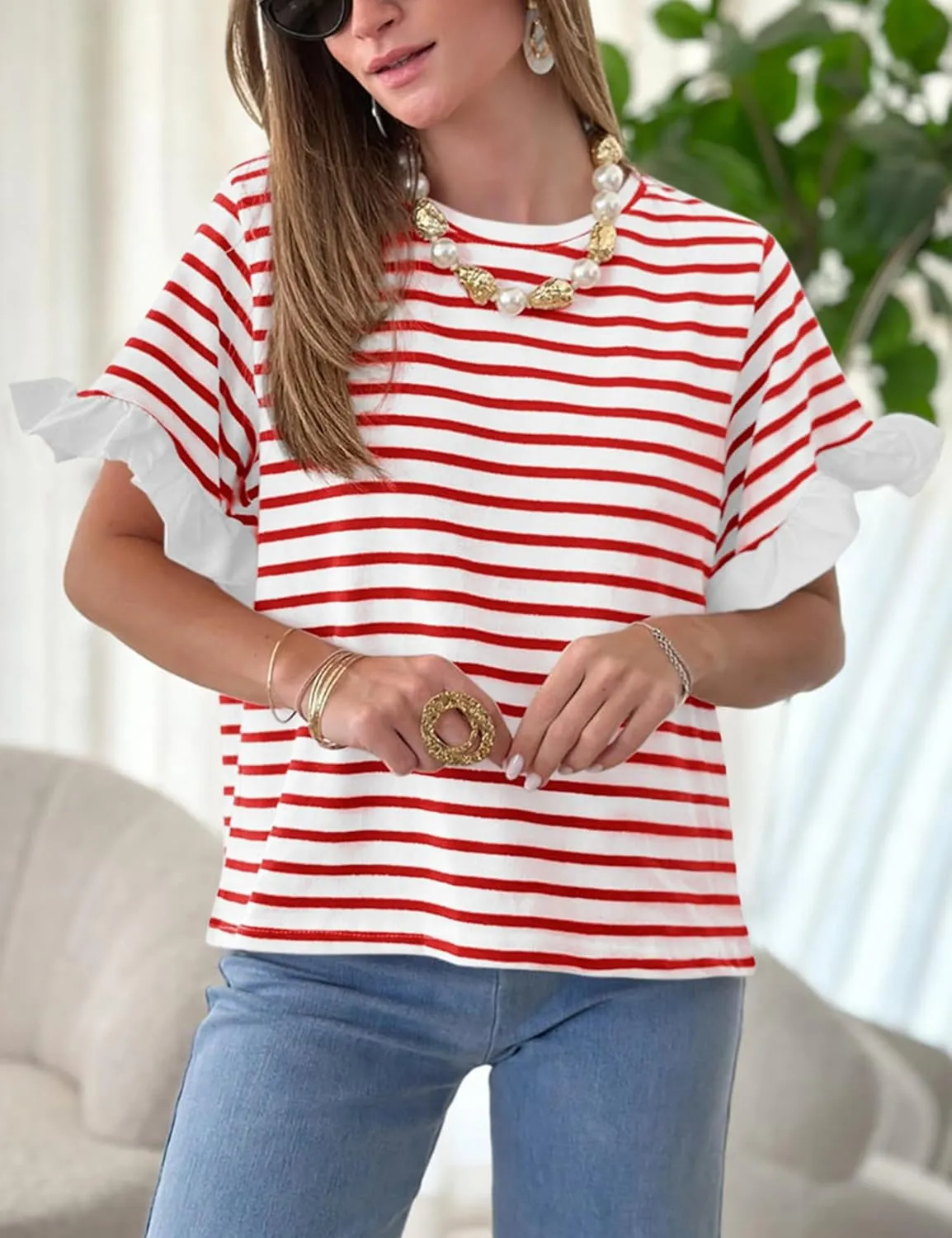 Tankaneo Women Striped Tops Ruffle Sleeve Casual Basic T Shirts Crewneck Short Sleeve Shirt Summer Outfits