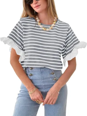 Tankaneo Women Striped Tops Ruffle Sleeve Casual Basic T Shirts Crewneck Short Sleeve Shirt Summer Outfits