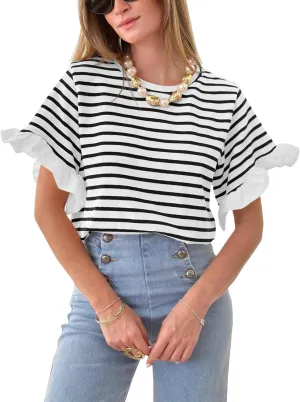 Tankaneo Women Striped Tops Ruffle Sleeve Casual Basic T Shirts Crewneck Short Sleeve Shirt Summer Outfits