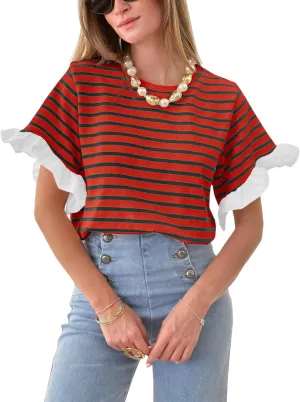 Tankaneo Women Striped Tops Ruffle Sleeve Casual Basic T Shirts Crewneck Short Sleeve Shirt Summer Outfits