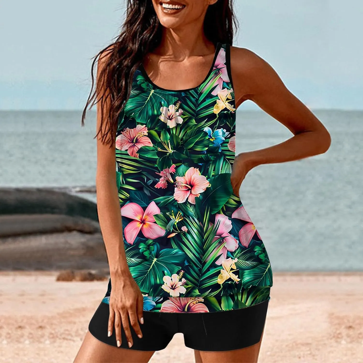 Tankini Swimsuits for Women Two Piece Bathing Suits Summer Bikini Swim Tank Top with Graphic Boyshorts Swimwear Sets
