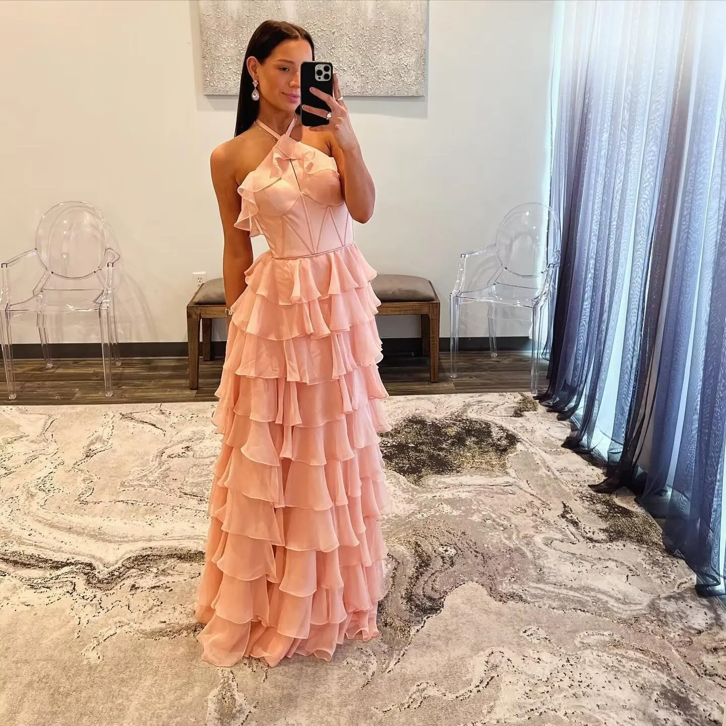 Tiered Prom Dresses Long Sweetheart Halter Ruffle Chiffon Corset Formal Evening Dresses