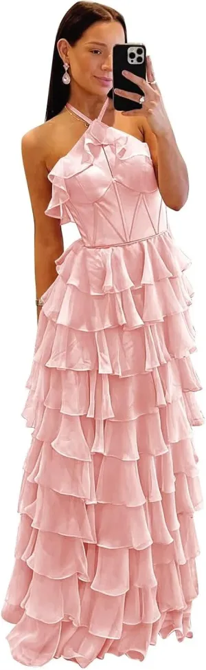 Tiered Prom Dresses Long Sweetheart Halter Ruffle Chiffon Corset Formal Evening Dresses