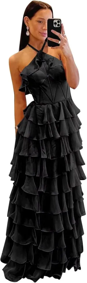 Tiered Prom Dresses Long Sweetheart Halter Ruffle Chiffon Corset Formal Evening Dresses