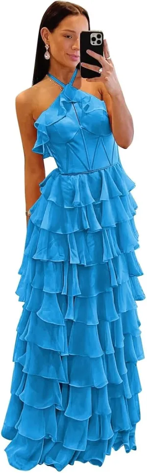 Tiered Prom Dresses Long Sweetheart Halter Ruffle Chiffon Corset Formal Evening Dresses