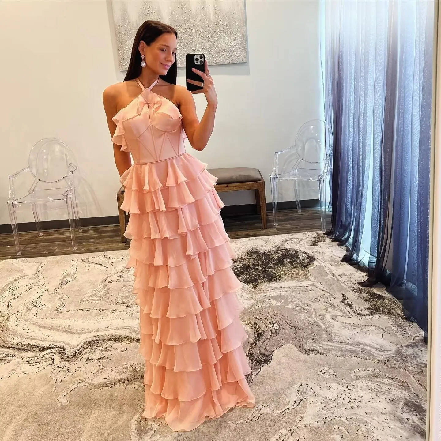 Tiered Prom Dresses Long Sweetheart Halter Ruffle Chiffon Corset Formal Evening Dresses