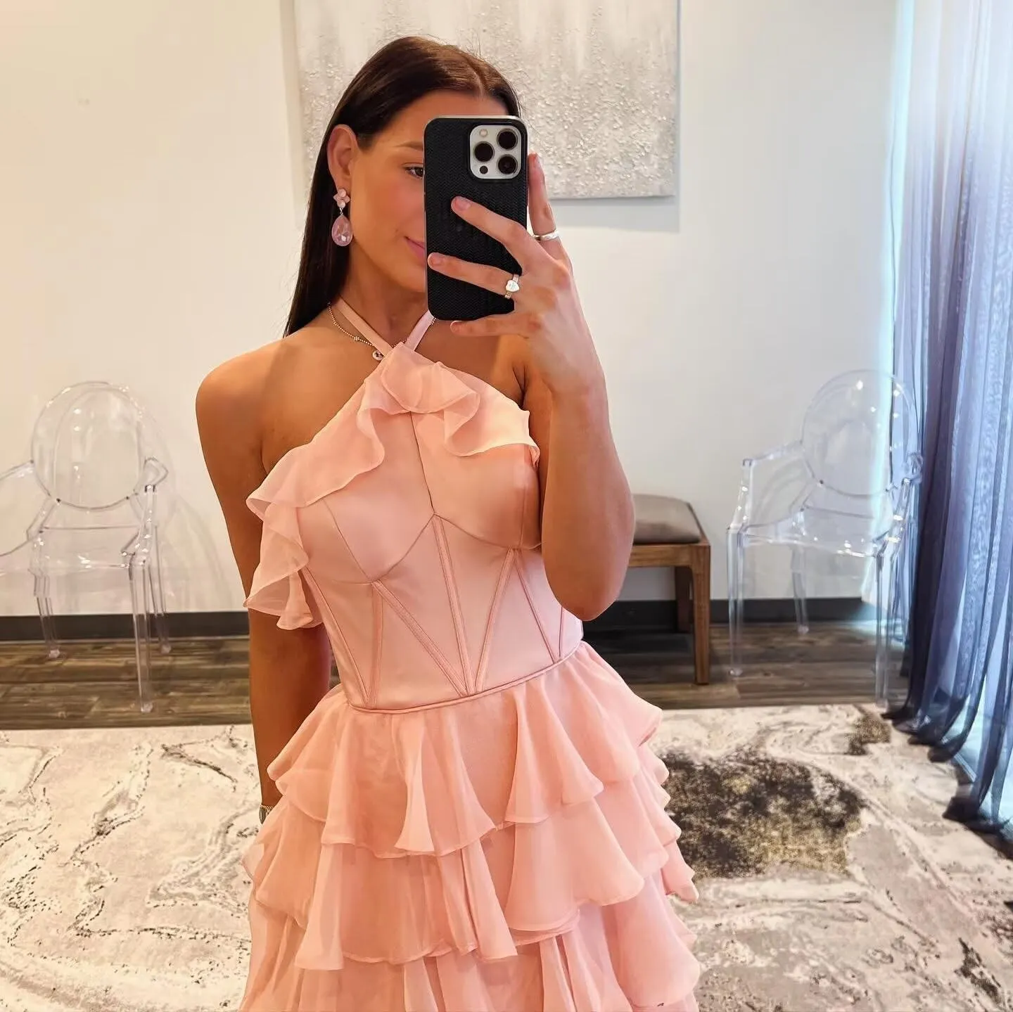 Tiered Prom Dresses Long Sweetheart Halter Ruffle Chiffon Corset Formal Evening Dresses