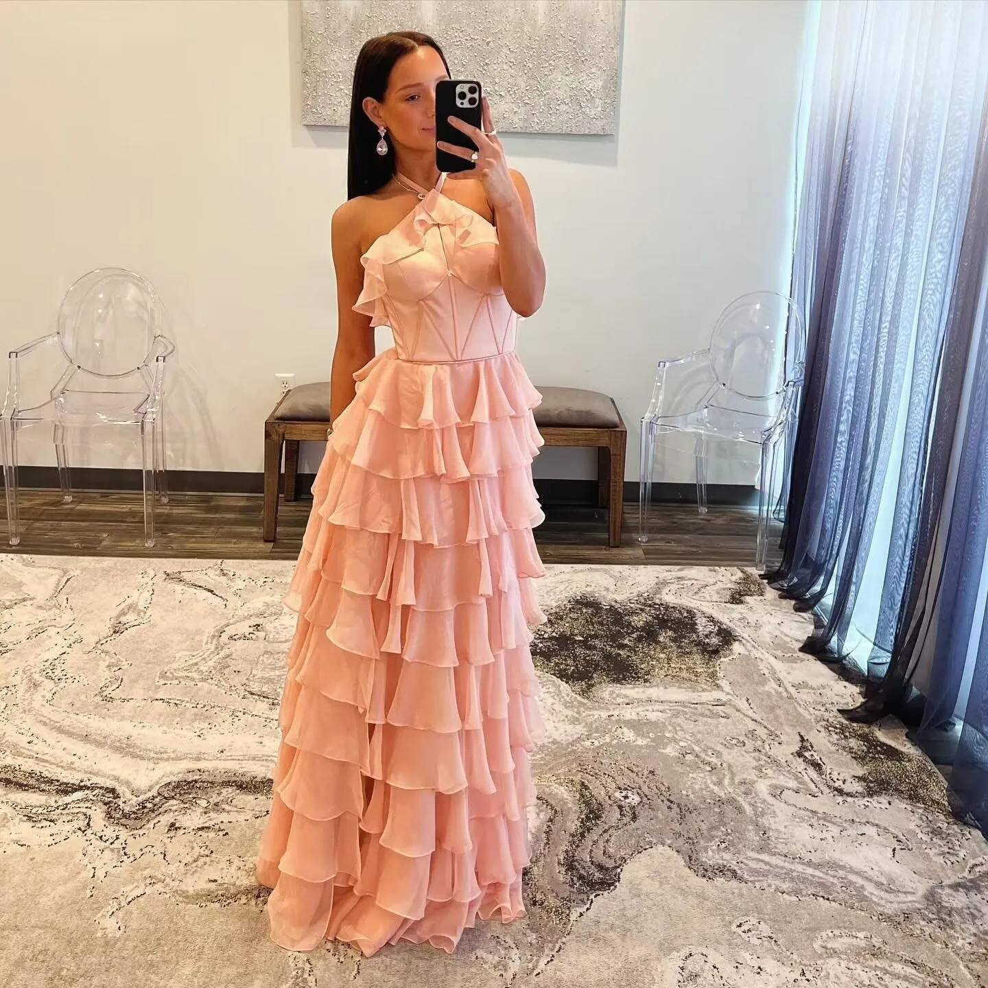 Tiered Prom Dresses Long Sweetheart Halter Ruffle Chiffon Corset Formal Evening Dresses