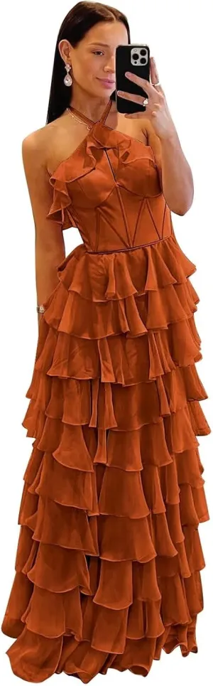 Tiered Prom Dresses Long Sweetheart Halter Ruffle Chiffon Corset Formal Evening Dresses