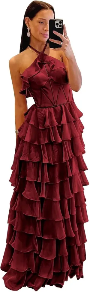 Tiered Prom Dresses Long Sweetheart Halter Ruffle Chiffon Corset Formal Evening Dresses