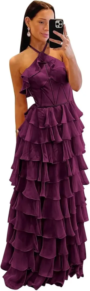 Tiered Prom Dresses Long Sweetheart Halter Ruffle Chiffon Corset Formal Evening Dresses