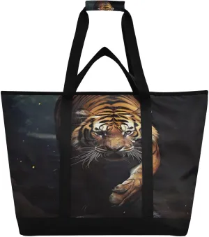 Tigers Black Tote Bag for Women with Zipper Reusable Grocery Bags Foldable Insulated Cooler Bag Totes Handbags Shopping Bags for Groceries Travel Beach Picnic Work