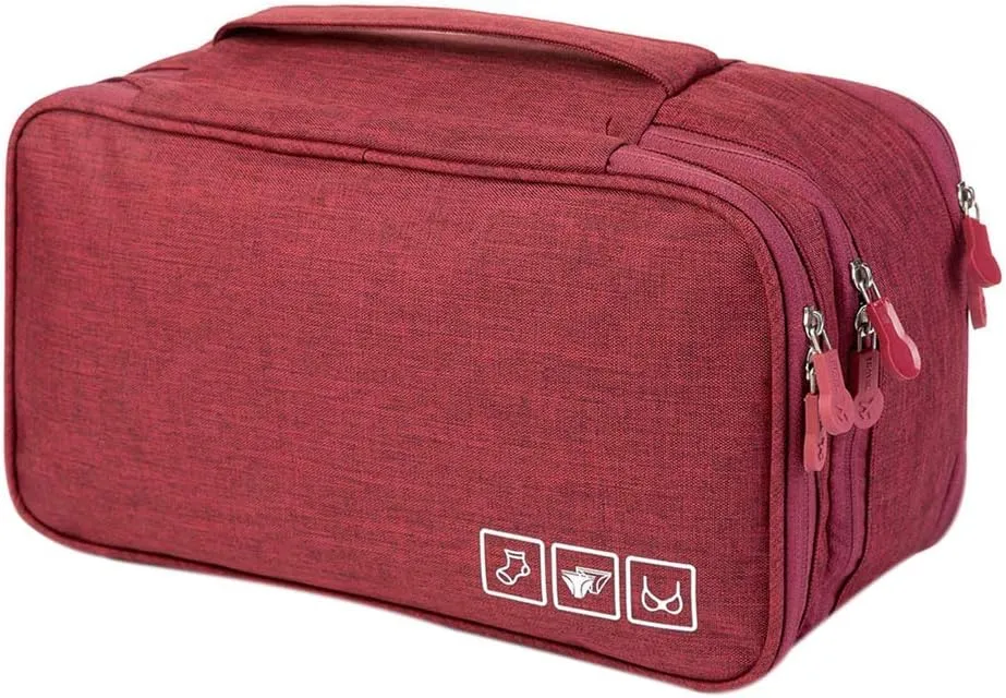 Travel Bra Underwaer Organizer Compact Lingerie Box Fornight Toiletry Bag (Wine red)