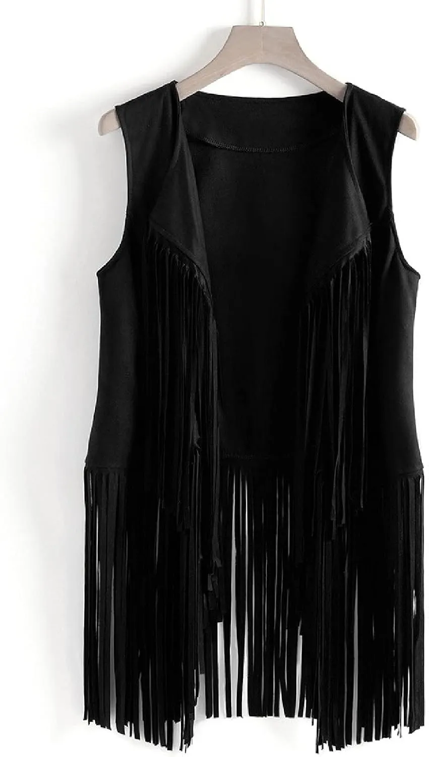 Trendy Faux Suede Fringe Jacket for Women 70s Hippie Cardigans Vest Motorcycle Tassels Sleeveless Coats