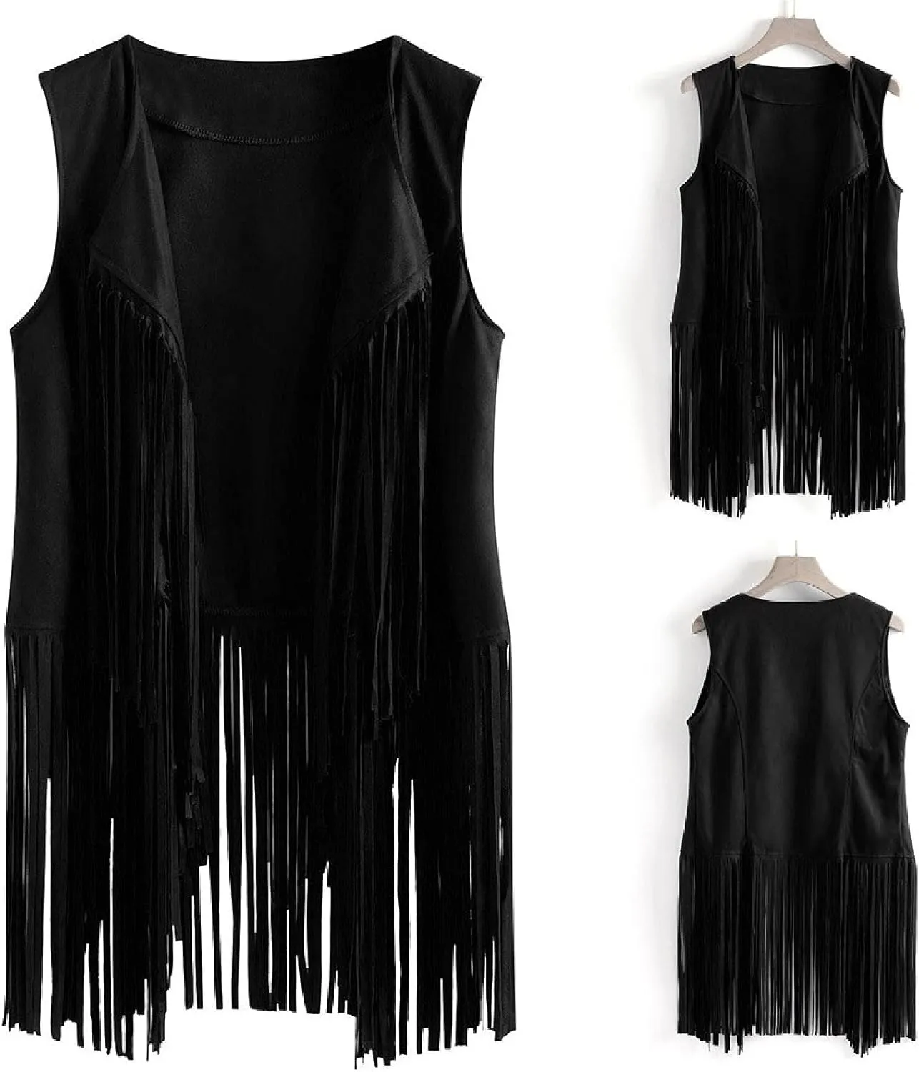 Trendy Faux Suede Fringe Jacket for Women 70s Hippie Cardigans Vest Motorcycle Tassels Sleeveless Coats