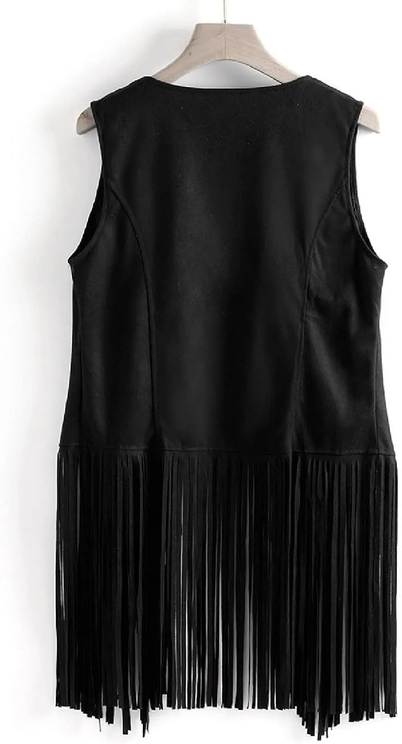 Trendy Faux Suede Fringe Jacket for Women 70s Hippie Cardigans Vest Motorcycle Tassels Sleeveless Coats