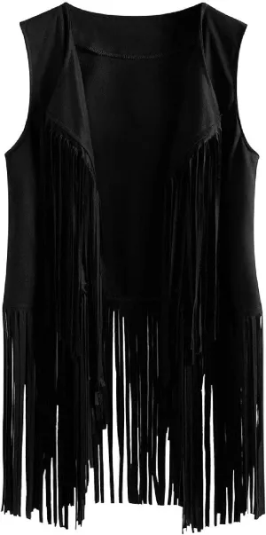 Trendy Faux Suede Fringe Jacket for Women 70s Hippie Cardigans Vest Motorcycle Tassels Sleeveless Coats