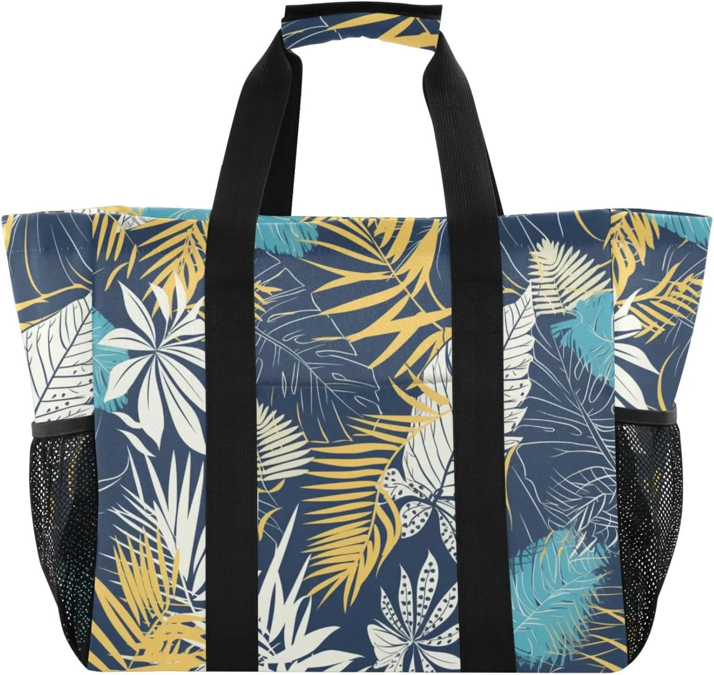 Tropical Style Leaves Pattern Yellow and Blue Utility Tote Bag Foldable Beach Tote Water Resistant Reusable Grocery Shopping Bags with Handles Totes Bags For Car