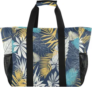 Tropical Style Leaves Pattern Yellow and Blue Utility Tote Bag Foldable Beach Tote Water Resistant Reusable Grocery Shopping Bags with Handles Totes Bags For Car
