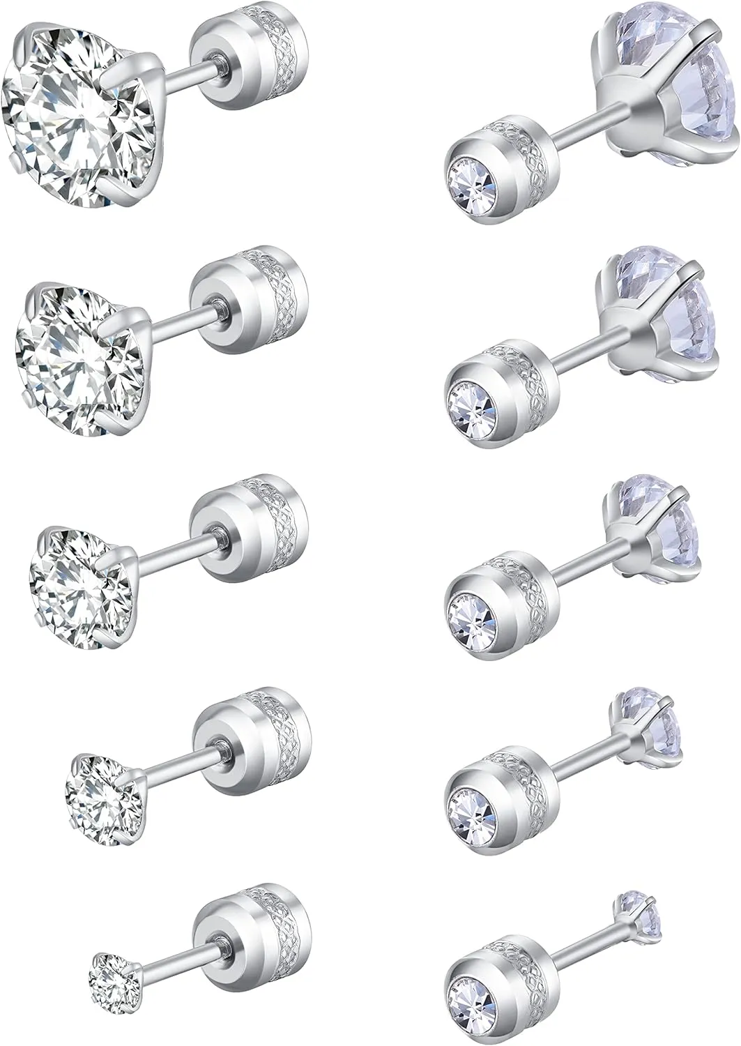 trusi 5 pairs of titanium screw surgical stainless steel stud earrings, Titanium Screw Back Stud Earrings Set for Sensitive Ears, black 3A cubic zirconia studs double-sided Earrings perforated sleepers stud jewelry