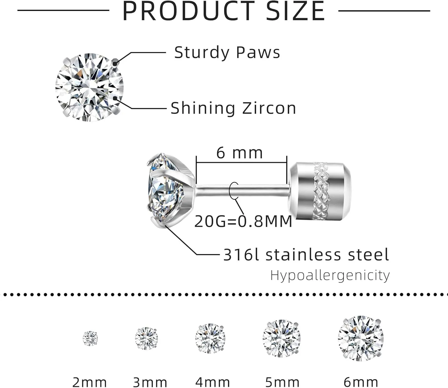 trusi 5 pairs of titanium screw surgical stainless steel stud earrings, Titanium Screw Back Stud Earrings Set for Sensitive Ears, black 3A cubic zirconia studs double-sided Earrings perforated sleepers stud jewelry