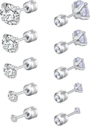trusi 5 pairs of titanium screw surgical stainless steel stud earrings, Titanium Screw Back Stud Earrings Set for Sensitive Ears, black 3A cubic zirconia studs double-sided Earrings perforated sleepers stud jewelry