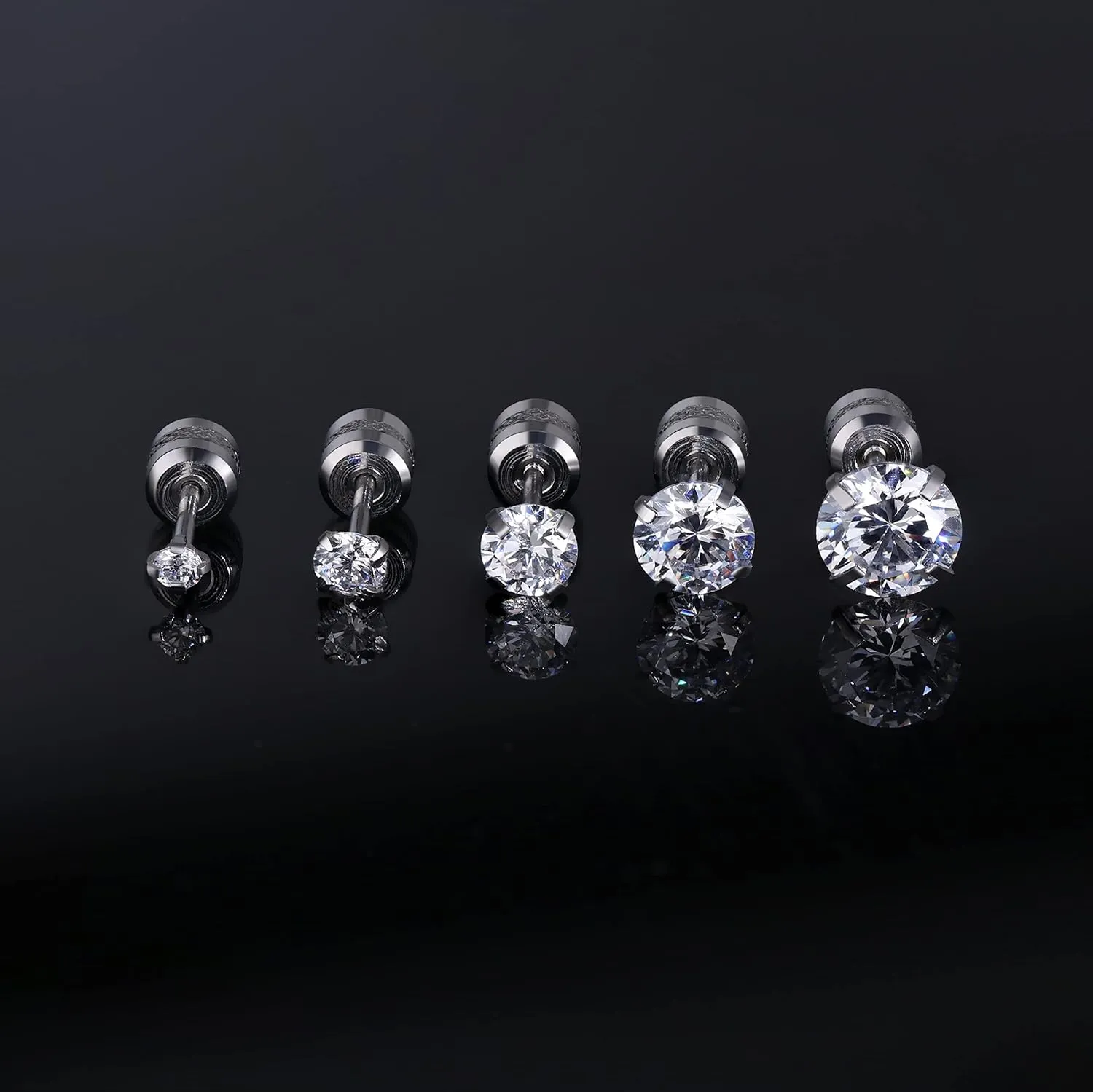 trusi 5 pairs of titanium screw surgical stainless steel stud earrings, Titanium Screw Back Stud Earrings Set for Sensitive Ears, black 3A cubic zirconia studs double-sided Earrings perforated sleepers stud jewelry