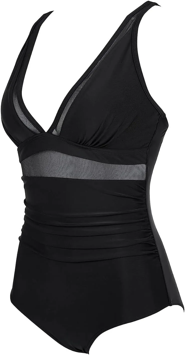 Tummy Control Swimsuits for Women One Piece High Waist V Neck Ruched Mesh Bathing Suit Sexy Adjustable Strap Swimwear