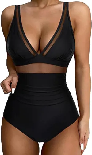 Tummy Control Swimsuits for Women One Piece High Waist V Neck Ruched Mesh Bathing Suit Sexy Adjustable Strap Swimwear